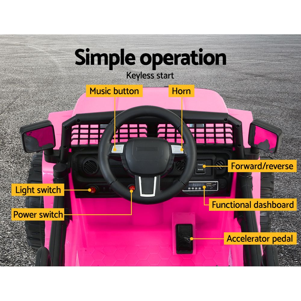 Pink toy car interior with labeled controls on a gray background