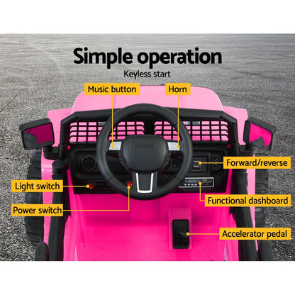 Pink toy car interior with labeled controls on a gray background