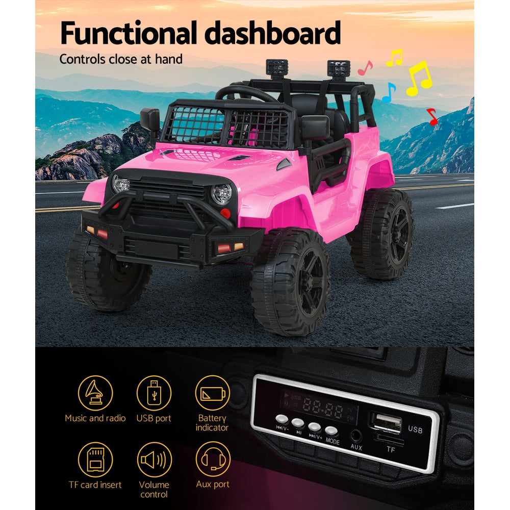 Pink toy truck on a road with a control panel and mountain background