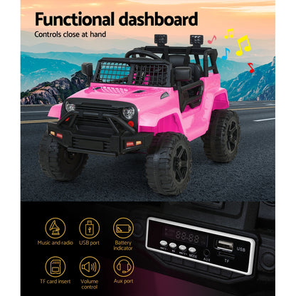 Pink toy truck on a road with a control panel and mountain background