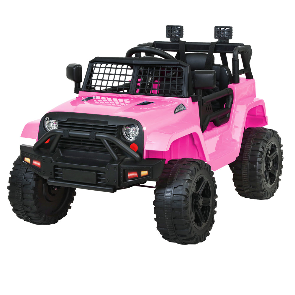 Pink toy jeep with black details on a white background