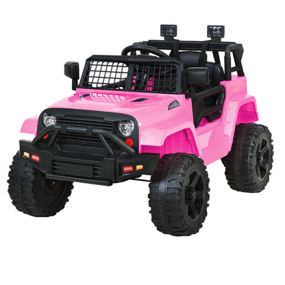 Pink toy jeep with black details on a white background