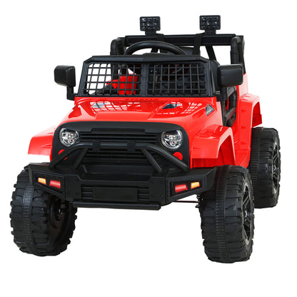 Red toy off-road vehicle with black details on a white background