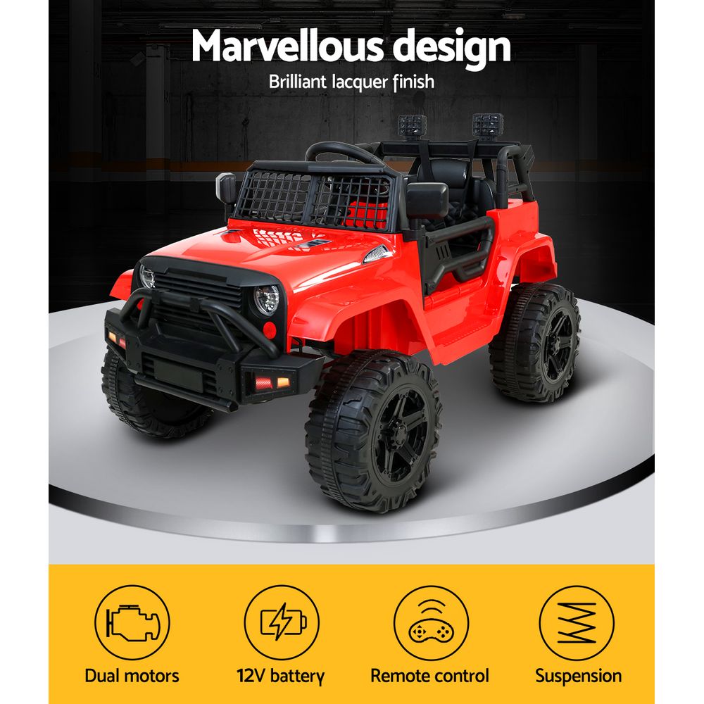 Red toy jeep on a white platform with 'Marvellous design' text above.