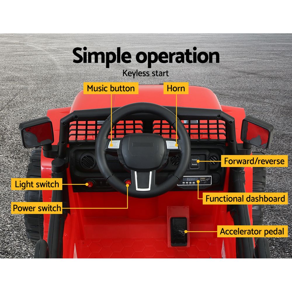 Red toy car with labeled controls on a gray background