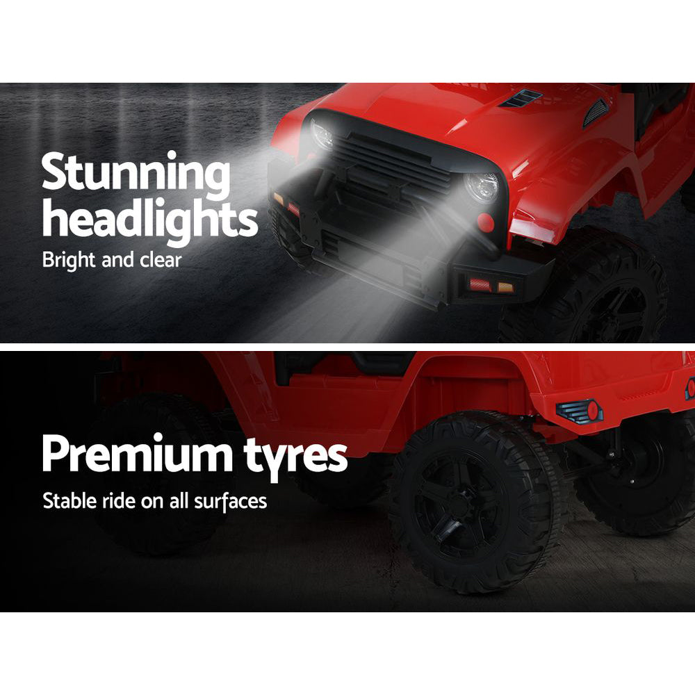 Red off-road vehicle with highlighted headlights and tires on a dark background