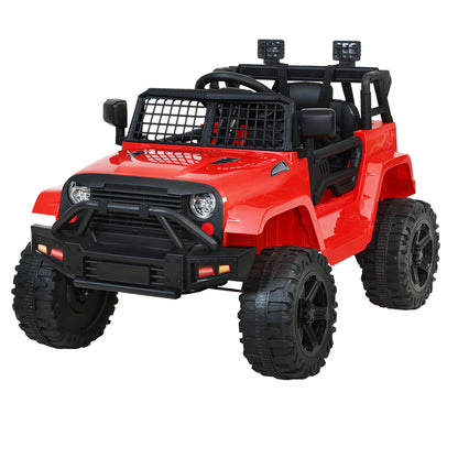 Red toy off-road vehicle with black details on a white background