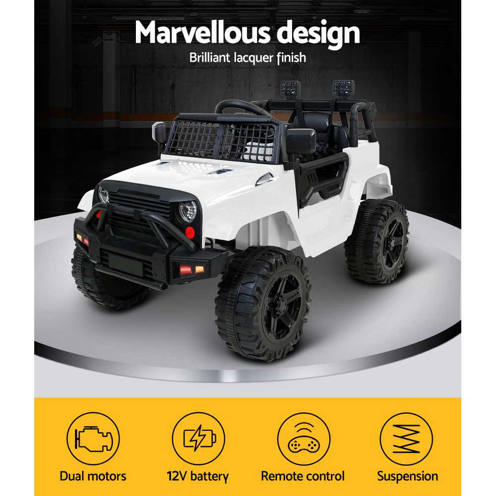 White toy off-road vehicle on a black background with text 'Marvellous design' and product features listed.