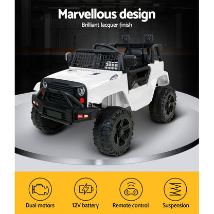 White toy off-road vehicle on a black background with text 'Marvellous design' and product features listed.