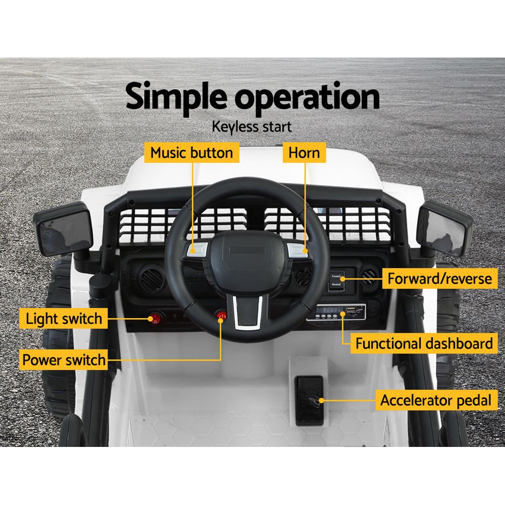 Control panel of a toy car with labeled components on a road background