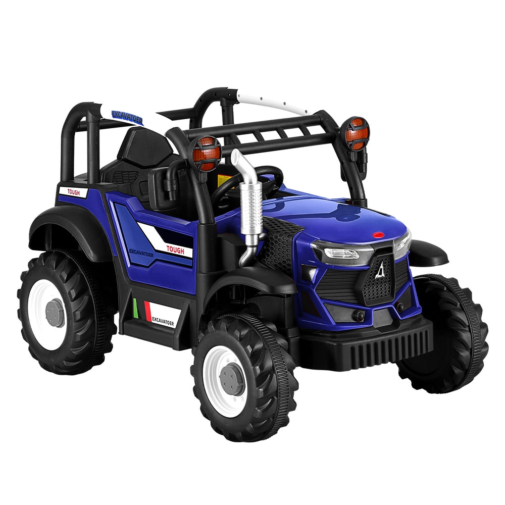 Blue toy tractor with black accents on a white background