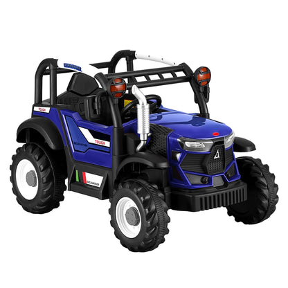Blue toy tractor with black accents on a white background