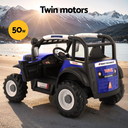 Toy truck with 'Twin motors' and '50W' label against a mountainous landscape.