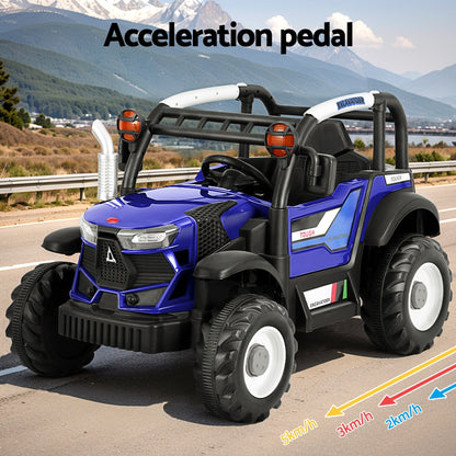 Blue toy truck on a road with mountains in the background, labeled 'Acceleration pedal'.