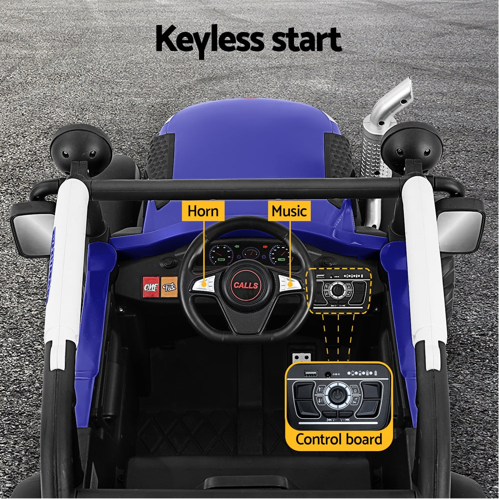 Top view of a toy car with keyless start feature and control board.