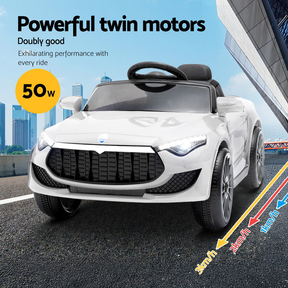 White toy car with power indicators on a road with cityscape background