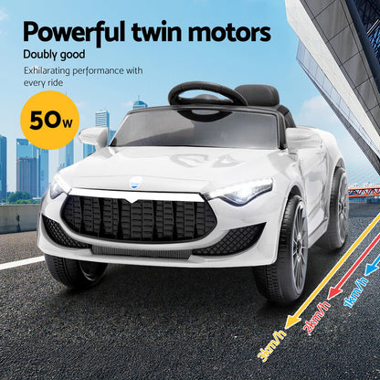 White toy car with power indicators on a road with cityscape background