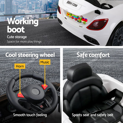 Children's toy car with features highlighted on a cityscape background