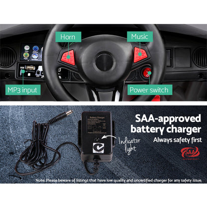 Car dashboard with labeled controls and a SAA-approved battery charger on a textured surface.