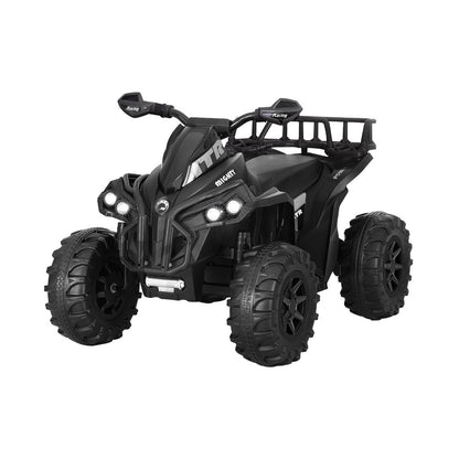 Black toy ATV with large wheels on a white background