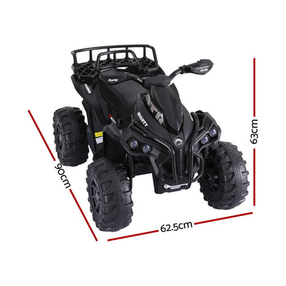 Black toy ATV with measurements on a white background