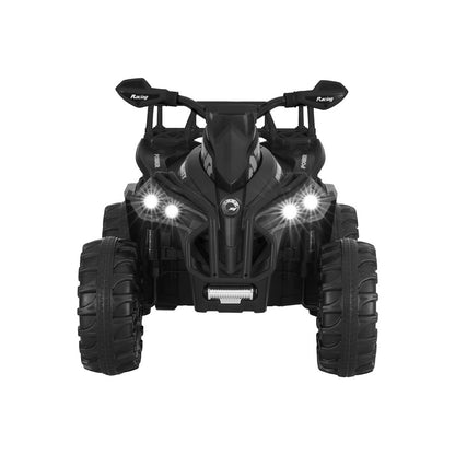 Black ATV with glowing headlights on a white background