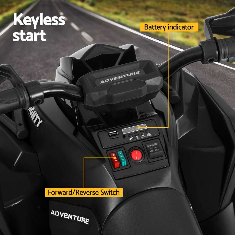 Close-up of a motorcycle dashboard with keyless start feature and labeled components.