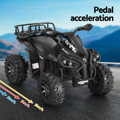 Black ATV with pedal acceleration text and speed indicators on a mountain road background