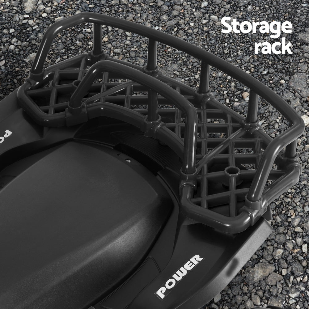Storage rack on a black ATV with 'Power' branding, on a gravel surface.