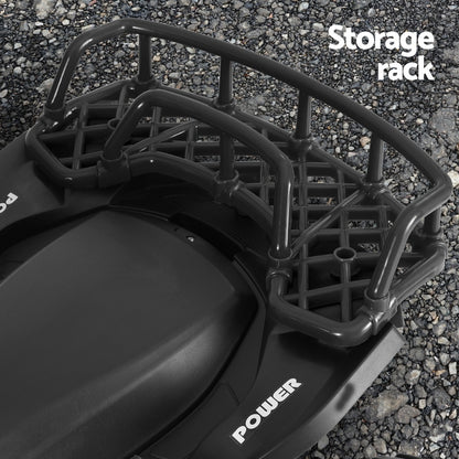 Storage rack on a black ATV with 'Power' branding, on a gravel surface.