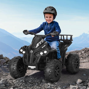Child riding a black ATV with mountains in the background