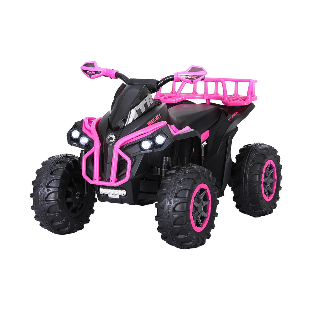 Black and pink toy ATV on a white background