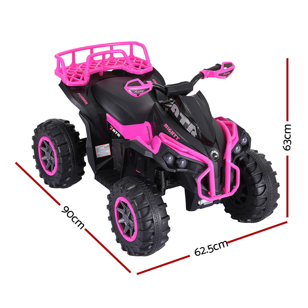 Black and pink toy ATV with measurements on a white background