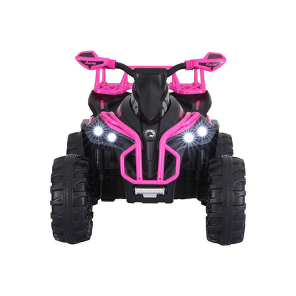 Pink and black toy ATV on a white background