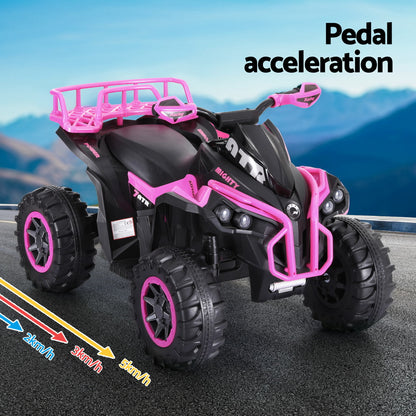 Pink and black toy ATV with pedal acceleration text and speed indicators on a mountain background.