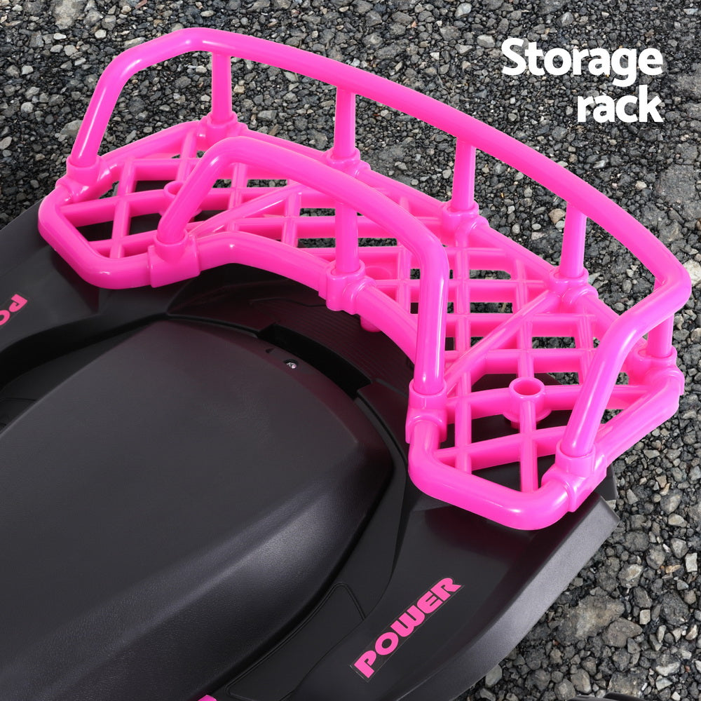 Pink storage rack on a black object with 'Power' branding, set against a gray asphalt background.