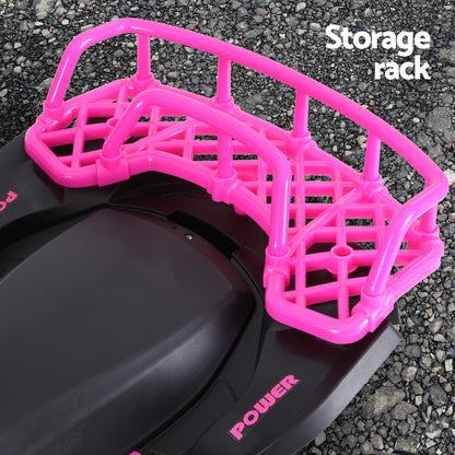 Pink storage rack on a black object with 'Power' branding, set against a gray asphalt background.