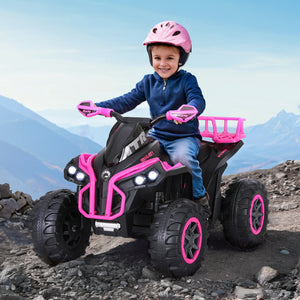 Child riding a pink and black toy ATV in a mountainous area