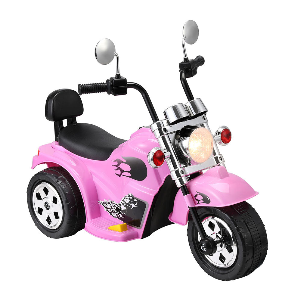 Pink toy motorcycle with black seat on a white background