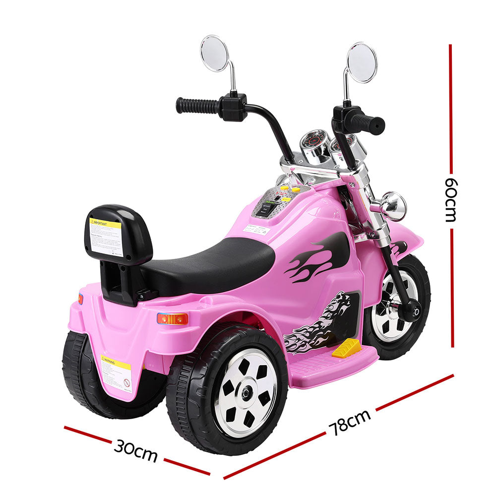 Pink toy motorcycle with dimensions indicated on a white background