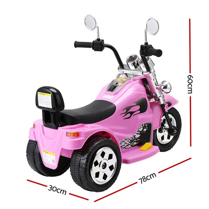 Pink toy motorcycle with dimensions indicated on a white background