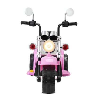 Pink toy motorcycle with sunglasses on a white background