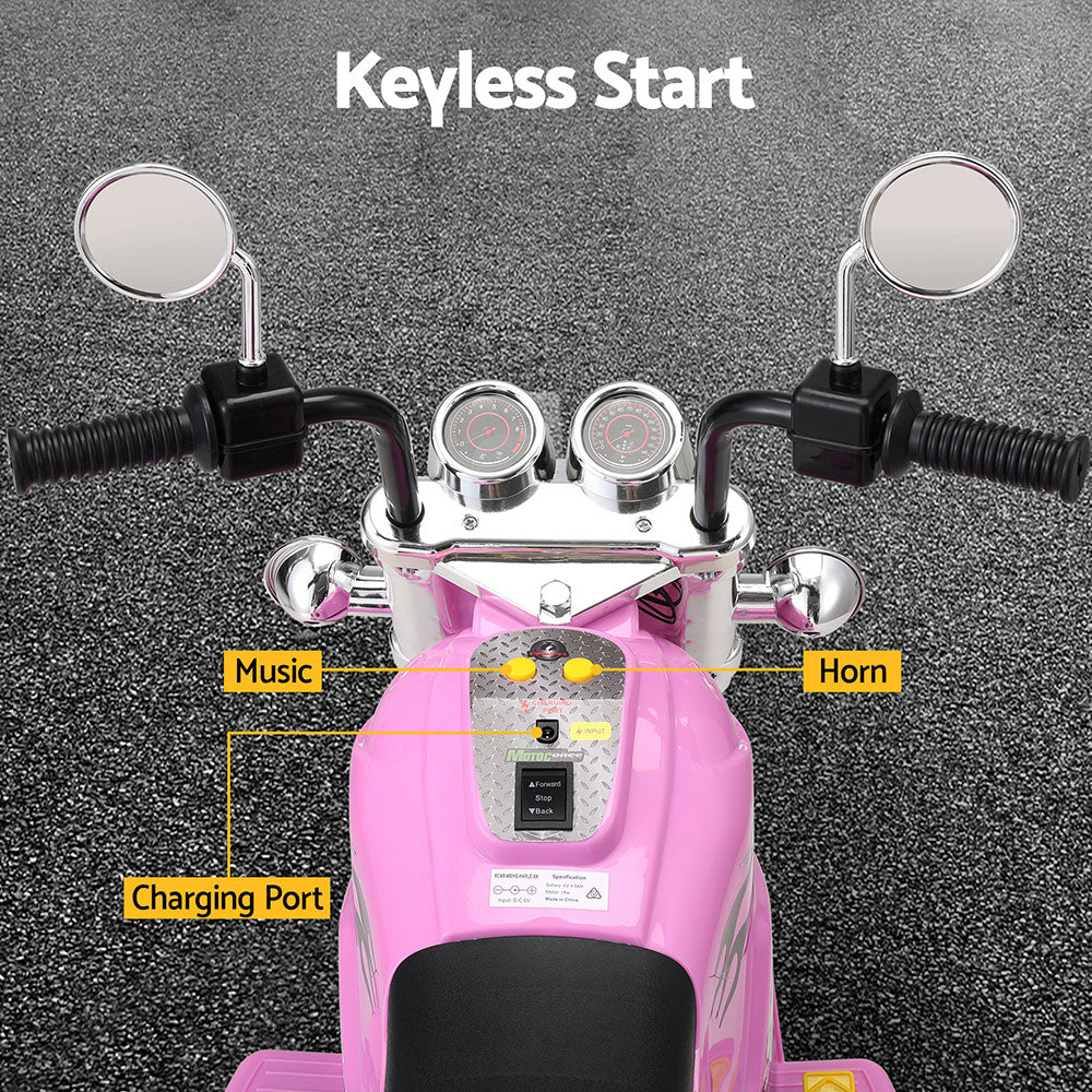 Pink toy motorcycle with labeled features on a gray background