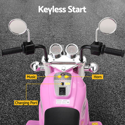 Pink toy motorcycle with labeled features on a gray background