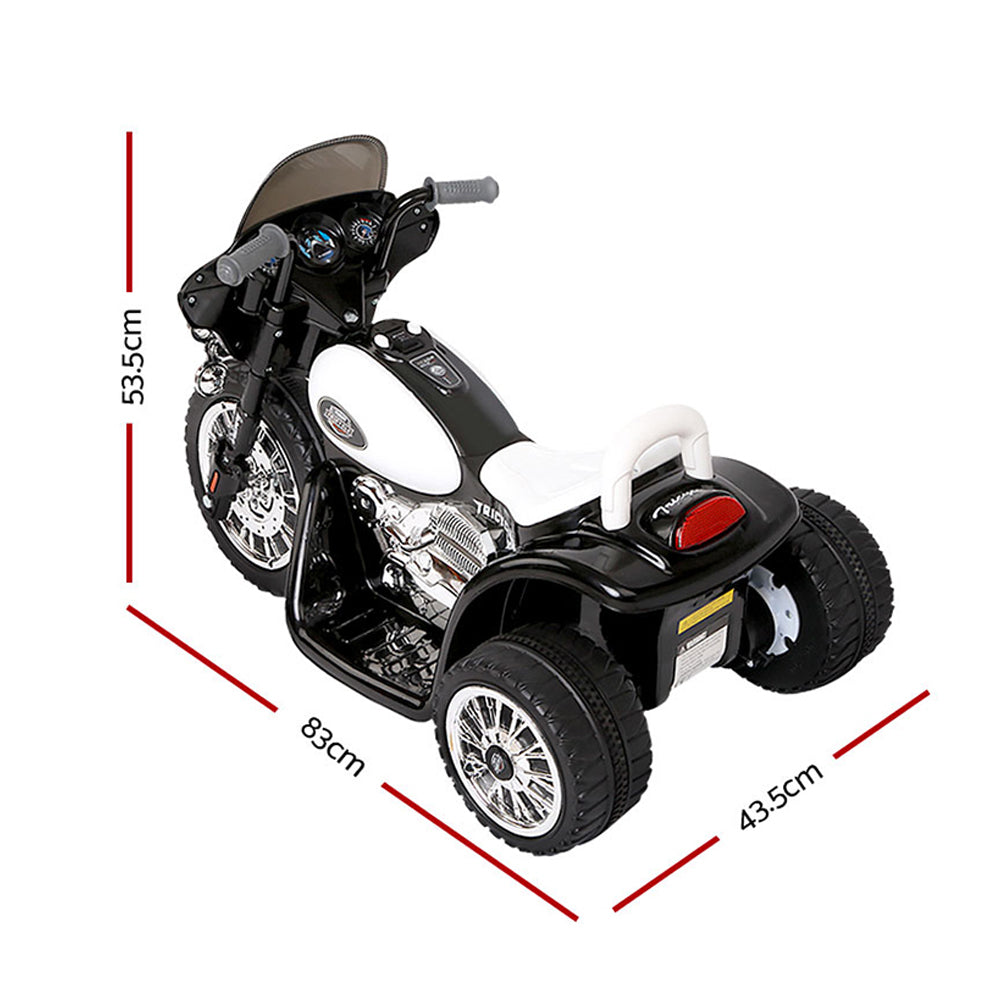 Black and white toy motorcycle with dimensions indicated on a white background
