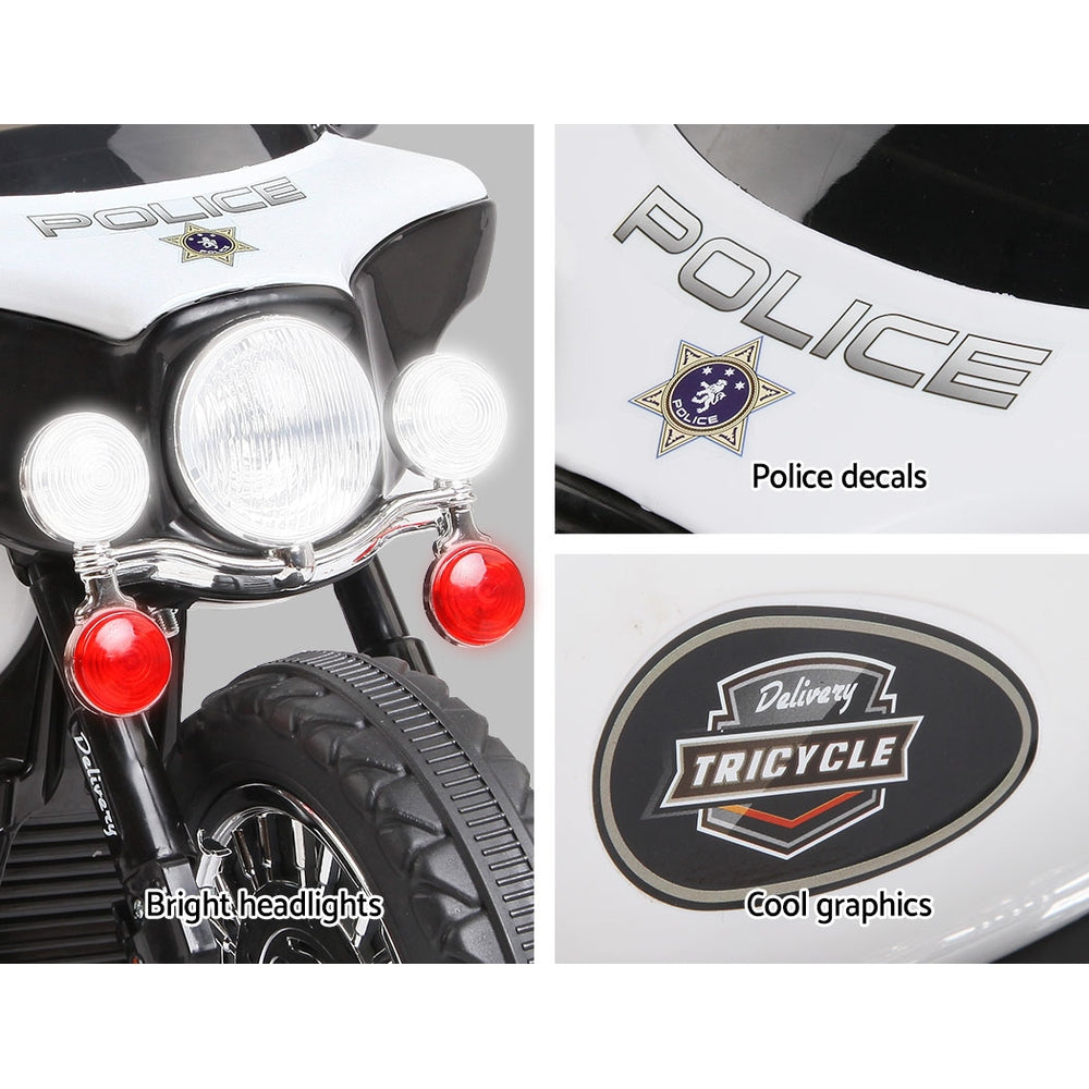 Collage of a police motorcycle with bright headlights, decals, and graphics.