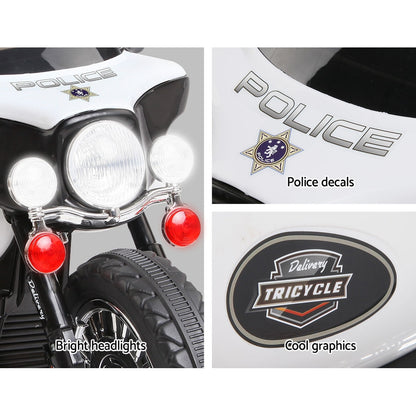 Collage of a police motorcycle with bright headlights, decals, and graphics.