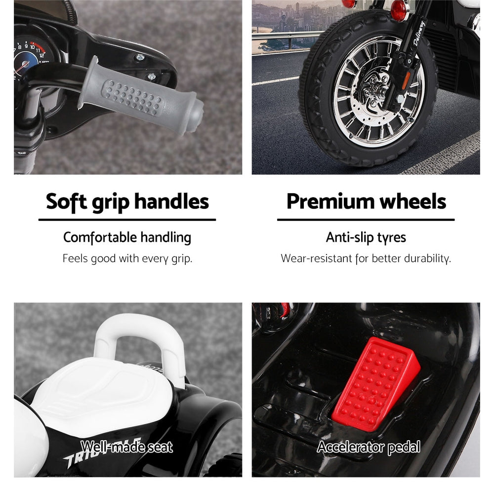 Motorcycle features including soft grip handles, premium wheels, well-made seat, and accelerator pedal.