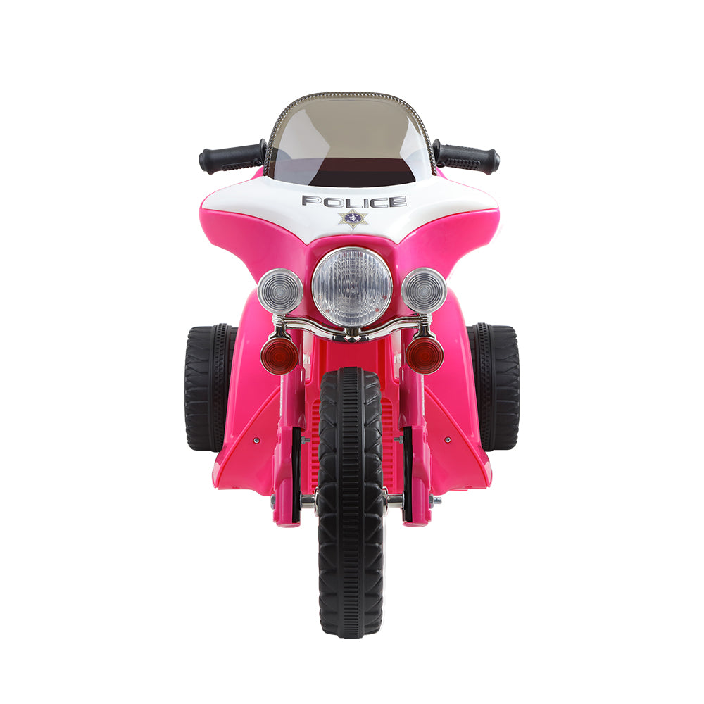 Pink and white police-themed children's motorcycle on a white background