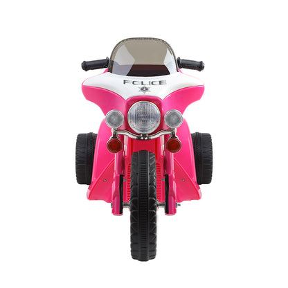 Pink and white police-themed children's motorcycle on a white background